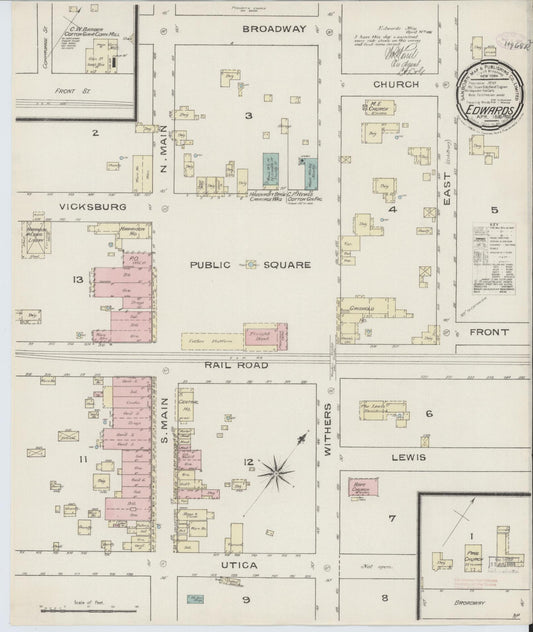 Sanborn Fire Insurance Map from Edwards, Hinds County, Mississippi (1896), Sheet #0001 - Historic Sanborn Fire Insurance Map Print, vintage old map wall art, antique decor, genealogy gift, Mississippi Mississippi map