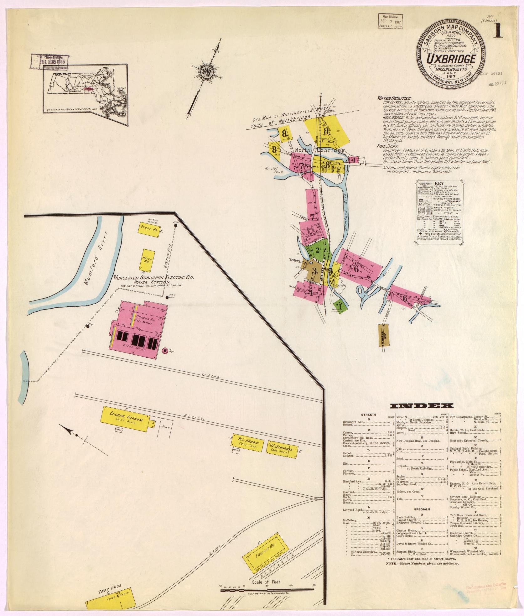 Sanborn Fire Insurance Map from Uxbridge, Worcester County, Massachusetts. (1917) – Historic Sanborn Fire Insurance Map Print