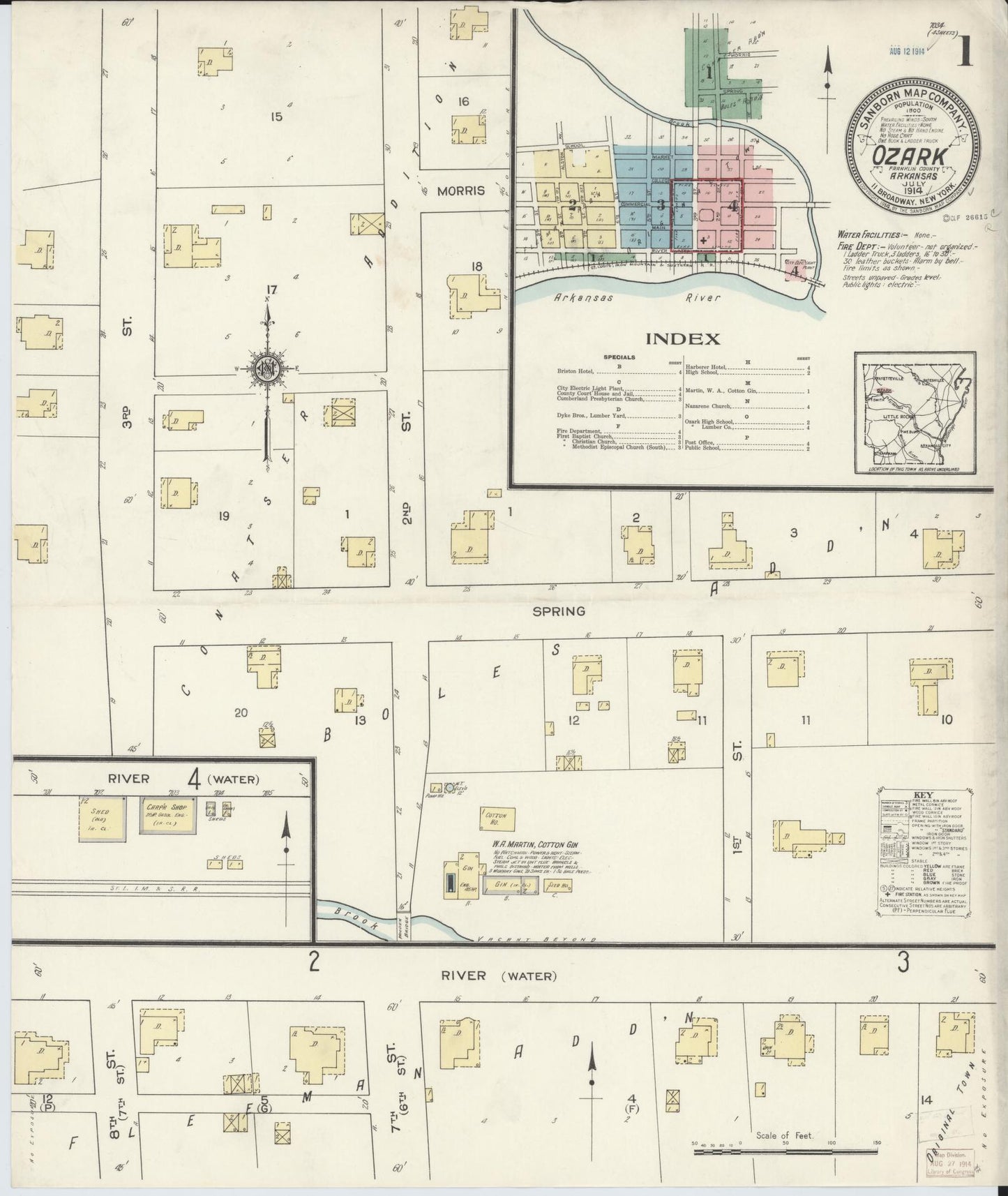 Sanborn Fire Insurance Map from Ozark, Franklin County, Arkansas (1914), Sheet #0001 - Historic Sanborn Fire Insurance Map Print, vintage old map wall art, antique decor, genealogy gift, Arkansas Arkansas map