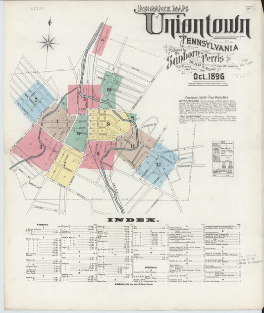 Sanborn Fire Insurance Map from Uniontown, Fayette County, Pennsylvania (1896), Sheet #0001 - Historic Sanborn Fire Insurance Map Print, vintage old map wall art, antique decor, genealogy gift, Pennsylvania Pennsylvania map