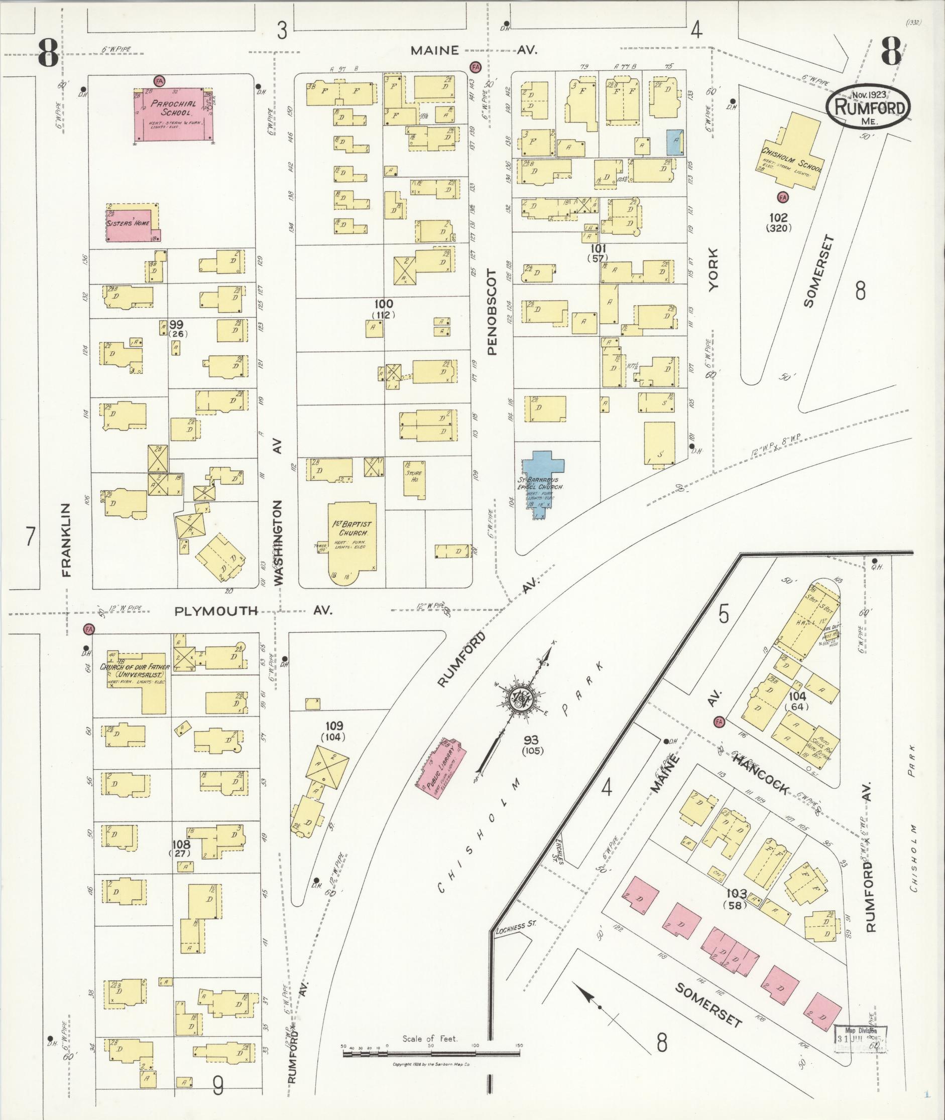 Sanborn Fire Insurance Map from Rumford, Oxford County, Maine (1923), Sheet #0008 - Complete Map Set gallery image, historic Sanborn map, vintage wall art, Maine Maine