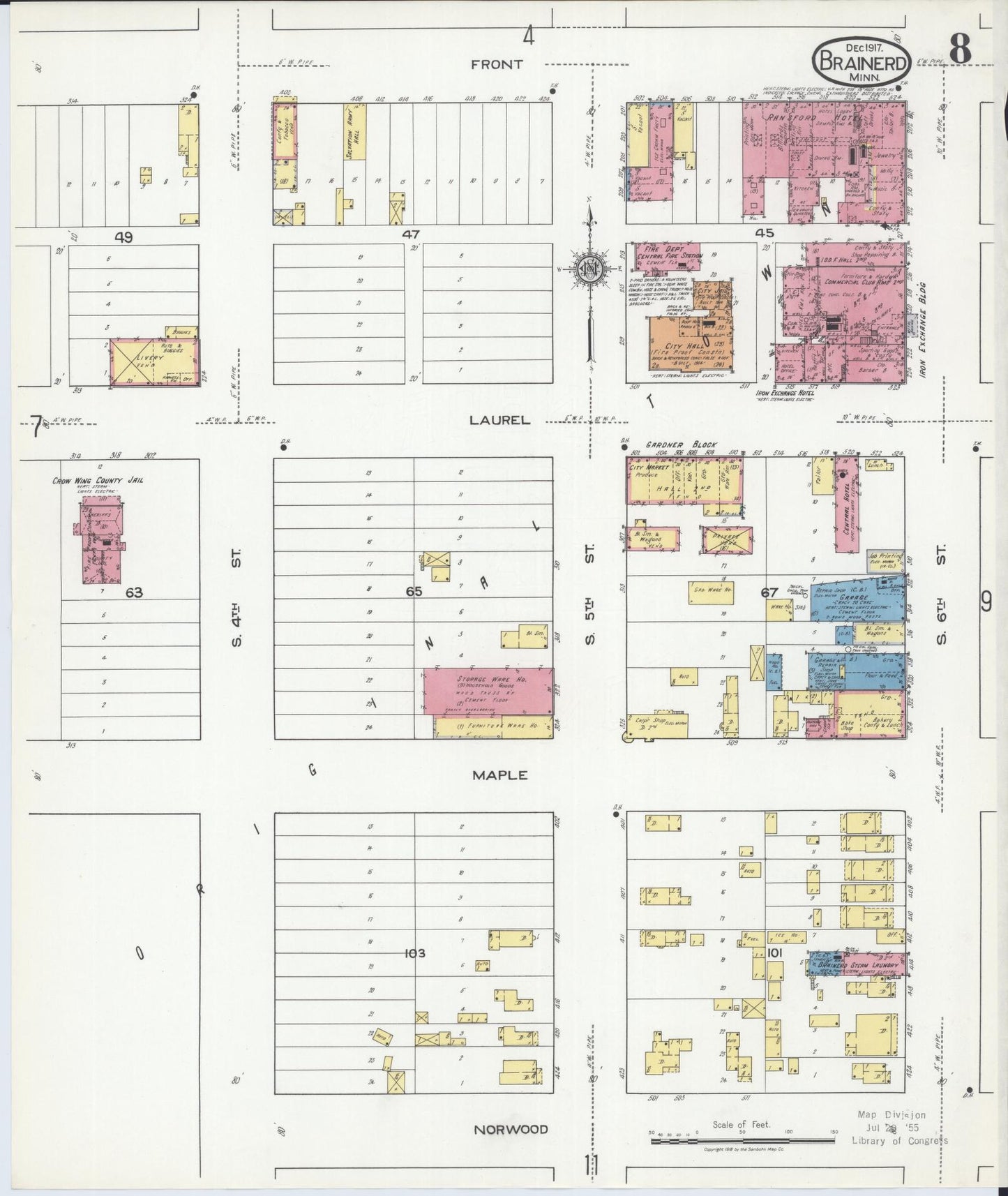 Sanborn Fire Insurance Map from Brainerd, Crow Wing County, Minnesota (1917), Sheet #0008 - Historic Sanborn Fire Insurance Map Print, vintage old map wall art, antique decor, genealogy gift, Minnesota Minnesota map