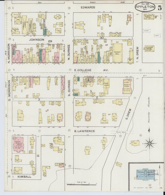 Sanborn Fire Insurance Map from Appleton, Outagamie County, Wisconsin (1886), Sheet #0005 - Historic Sanborn Fire Insurance Map Print, vintage old map wall art, antique decor, genealogy gift, Wisconsin Wisconsin map