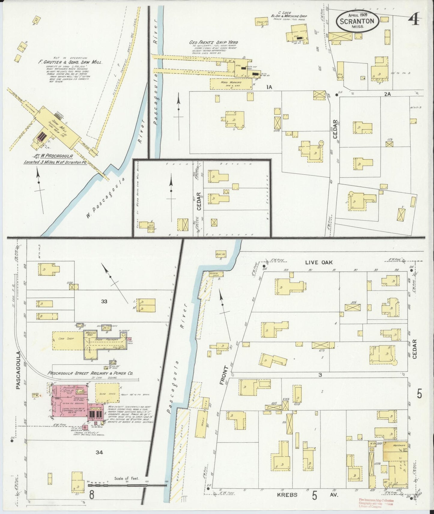 Sanborn Fire Insurance Map from Scranton, Jackson County, Mississippi (1909), Sheet #0004 - Complete Map Set gallery image, historic Sanborn map, vintage wall art, Mississippi Mississippi