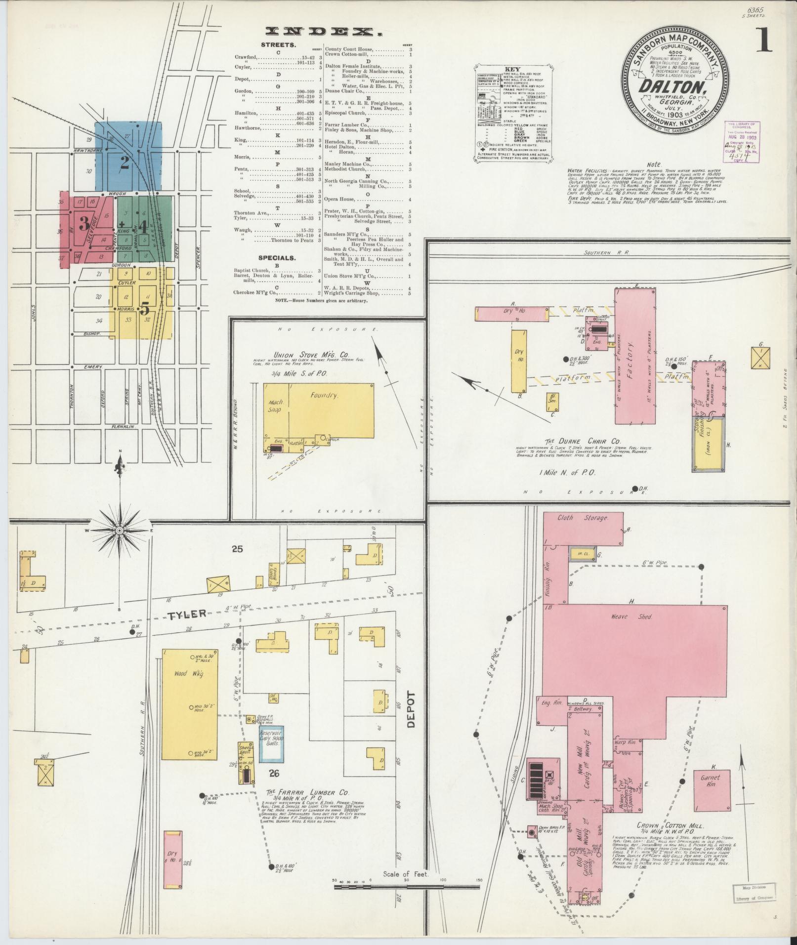 Sanborn Fire Insurance Map from Dalton, Whitfield County, Georgia (1903), Sheet #0001 - Historic Sanborn Fire Insurance Map Print, vintage old map wall art, antique decor, genealogy gift, Georgia Georgia map