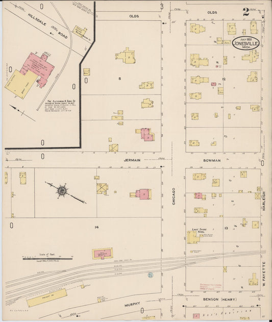 Sanborn Fire Insurance Map from Jonesville, Hillsdale County, Michigan (1922), Sheet #0002 - Historic Sanborn Fire Insurance Map Print, vintage old map wall art, antique decor, genealogy gift, Michigan Michigan map