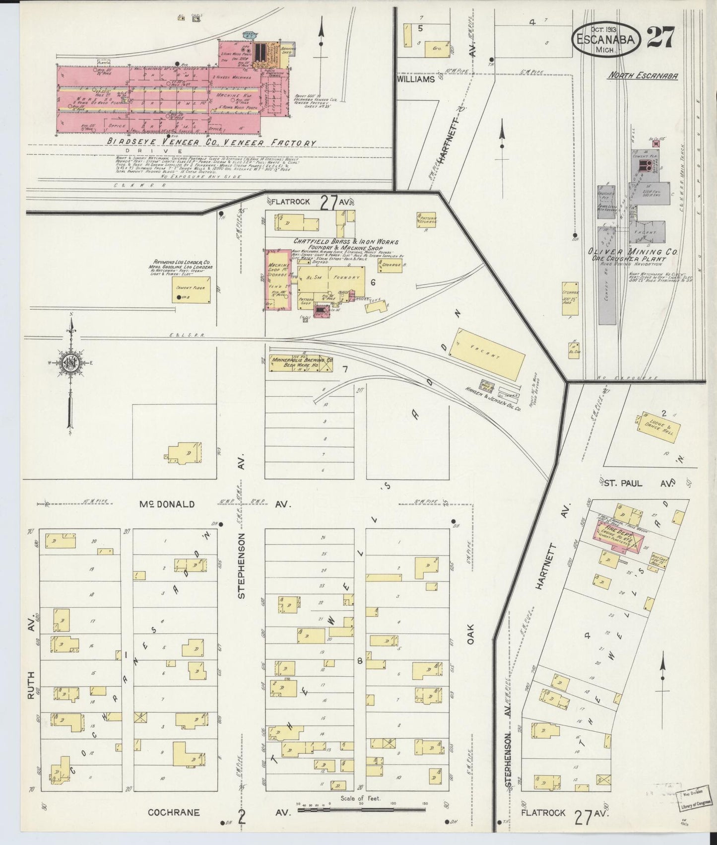 Sanborn Fire Insurance Map from Escanaba, Delta County, Michigan (1913), Sheet #0027 - Historic Sanborn Fire Insurance Map Print, vintage old map wall art, antique decor, genealogy gift, Michigan Michigan map