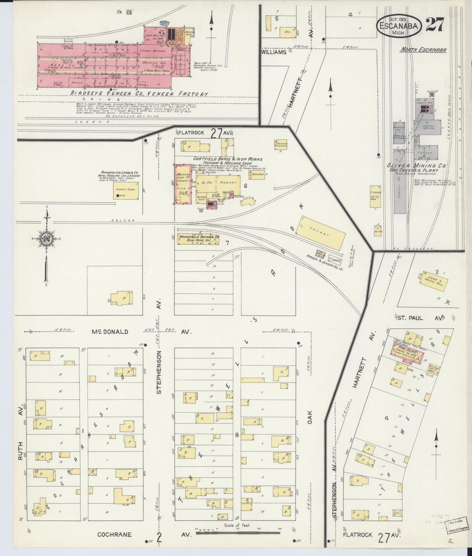 Sanborn Fire Insurance Map from Escanaba, Delta County, Michigan (1913), Sheet #0027 - Historic Sanborn Fire Insurance Map Print, vintage old map wall art, antique decor, genealogy gift, Michigan Michigan map