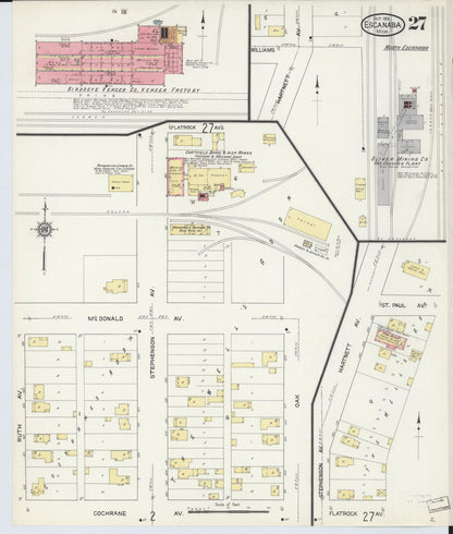 Sanborn Fire Insurance Map from Escanaba, Delta County, Michigan (1913), Sheet #0027 - Historic Sanborn Fire Insurance Map Print, vintage old map wall art, antique decor, genealogy gift, Michigan Michigan map