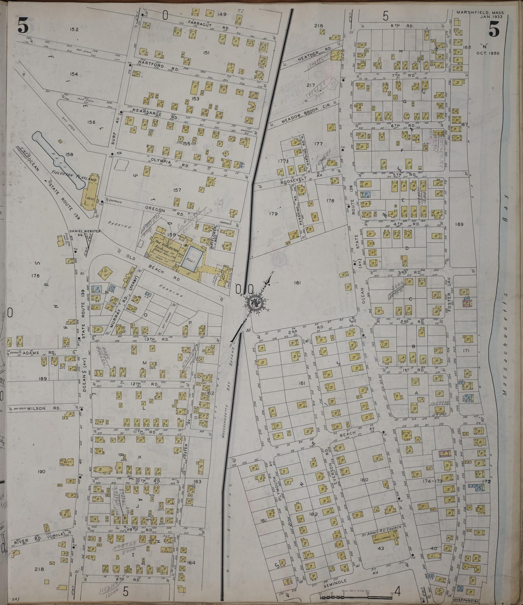 Sanborn Fire Insurance Map from Marshfield, Plymouth County, Massachusetts (1950), Sheet #0005 - Historic Sanborn Fire Insurance Map Print, vintage old map wall art, antique decor, genealogy gift, Massachusetts Massachusetts map
