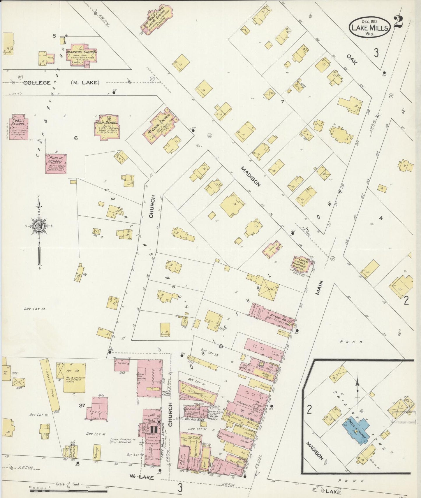 Sanborn Fire Insurance Map from Lake Mills, Jefferson County, Wisconsin (1912), Sheet #0002 - Historic Sanborn Fire Insurance Map Print, vintage old map wall art, antique decor, genealogy gift, Wisconsin Wisconsin map