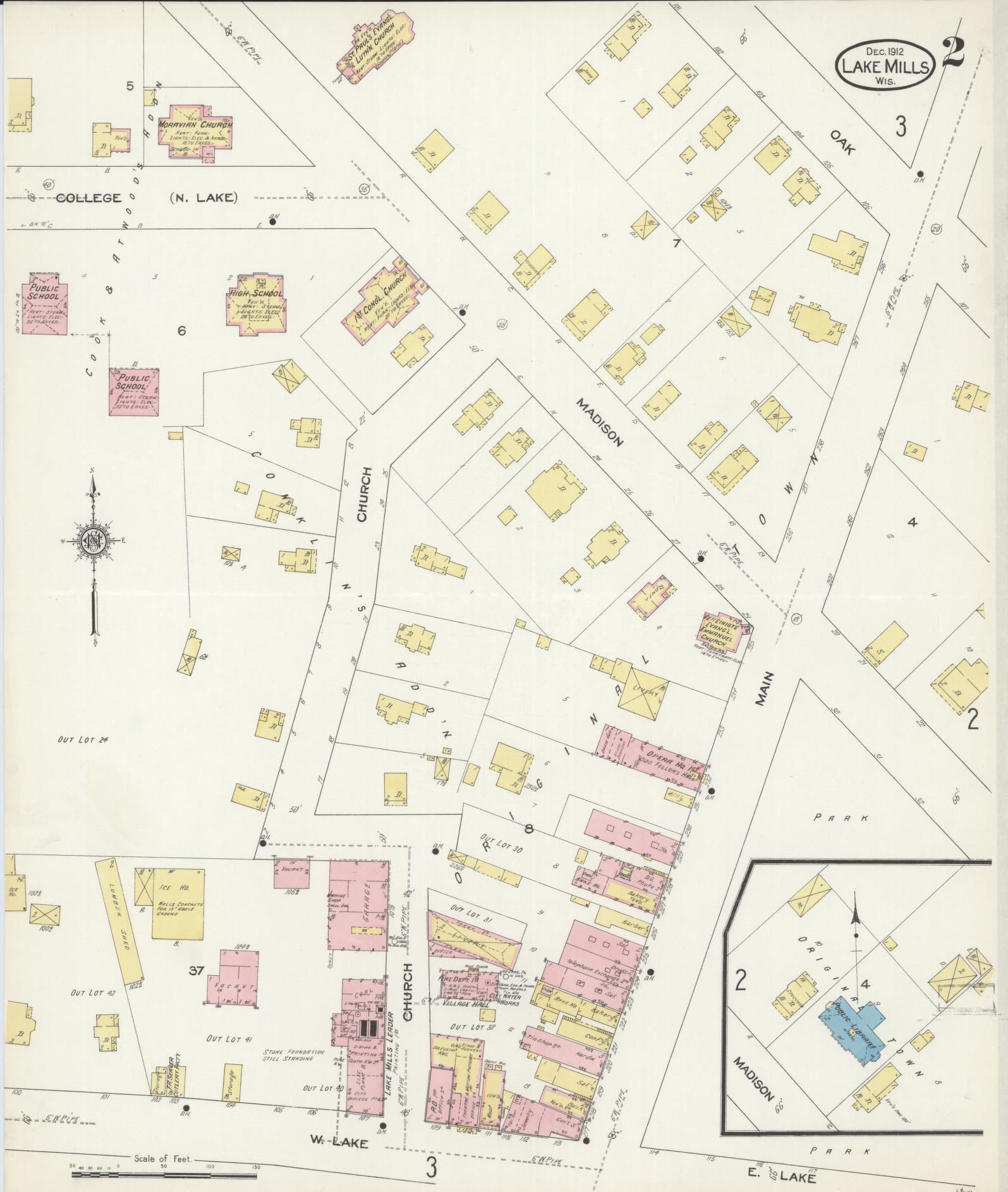 Sanborn Fire Insurance Map from Lake Mills, Jefferson County, Wisconsin (1912), Sheet #0002 - Historic Sanborn Fire Insurance Map Print, vintage old map wall art, antique decor, genealogy gift, Wisconsin Wisconsin map