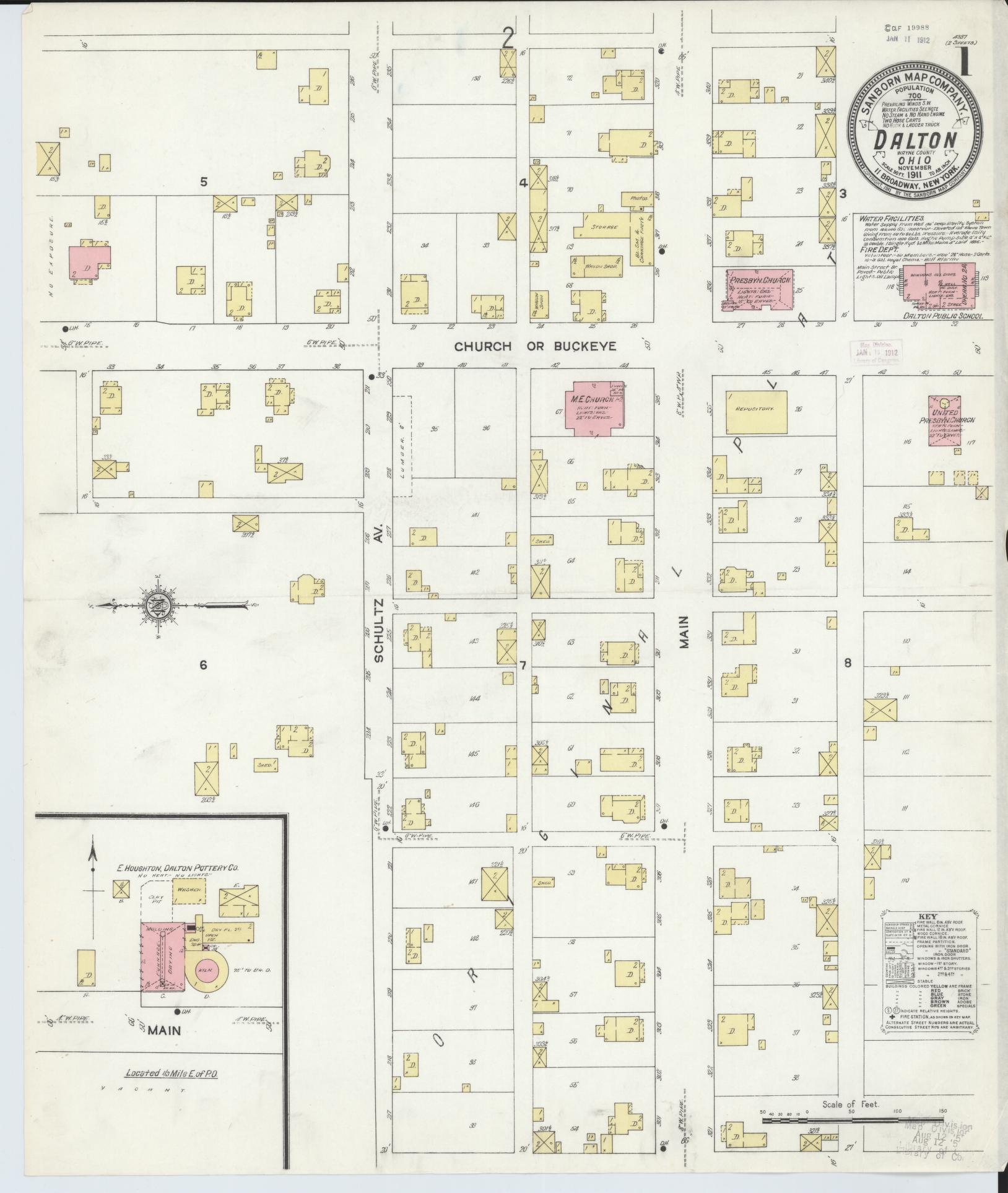 Sanborn Fire Insurance Map from Dalton, Wayne County, Ohio (1911), Sheet #0001 - Historic Sanborn Fire Insurance Map Print, vintage old map wall art, antique decor, genealogy gift, Ohio Ohio map