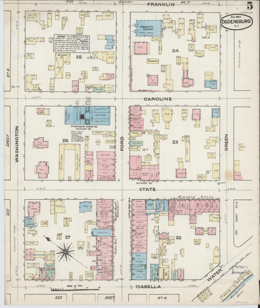 Sanborn Fire Insurance Map from Ogdensburg, St. Lawrence County, New York (1884), Sheet #0005 - Historic Sanborn Fire Insurance Map Print, vintage old map wall art, antique decor, genealogy gift, New York New York map