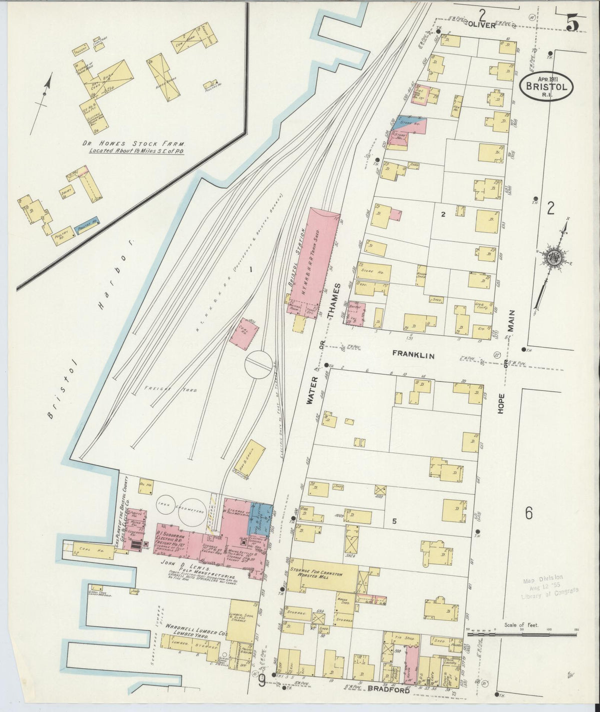 Sanborn Fire Insurance Map from Bristol, Bristol County, Rhode Island (1911), Sheet #0005 - Historic Sanborn Fire Insurance Map Print, vintage old map wall art, antique decor, genealogy gift, Rhode Island Rhode Island map