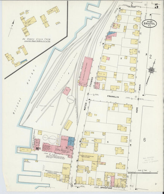 Sanborn Fire Insurance Map from Bristol, Bristol County, Rhode Island (1911), Sheet #0005 - Historic Sanborn Fire Insurance Map Print, vintage old map wall art, antique decor, genealogy gift, Rhode Island Rhode Island map