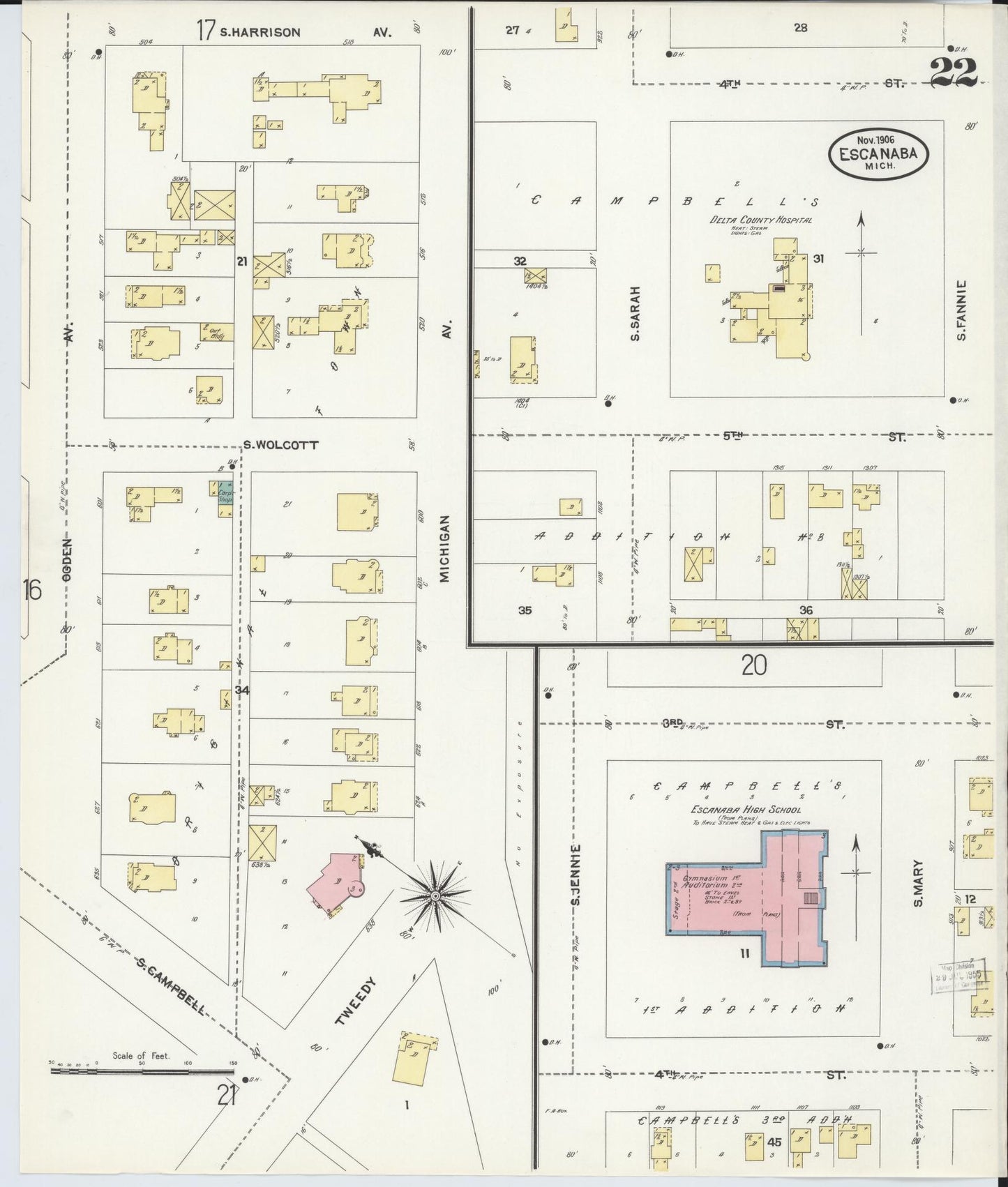 Sanborn Fire Insurance Map from Escanaba, Delta County, Michigan (1906), Sheet #0022 - Complete Map Set gallery image, historic Sanborn map, vintage wall art, Michigan Michigan