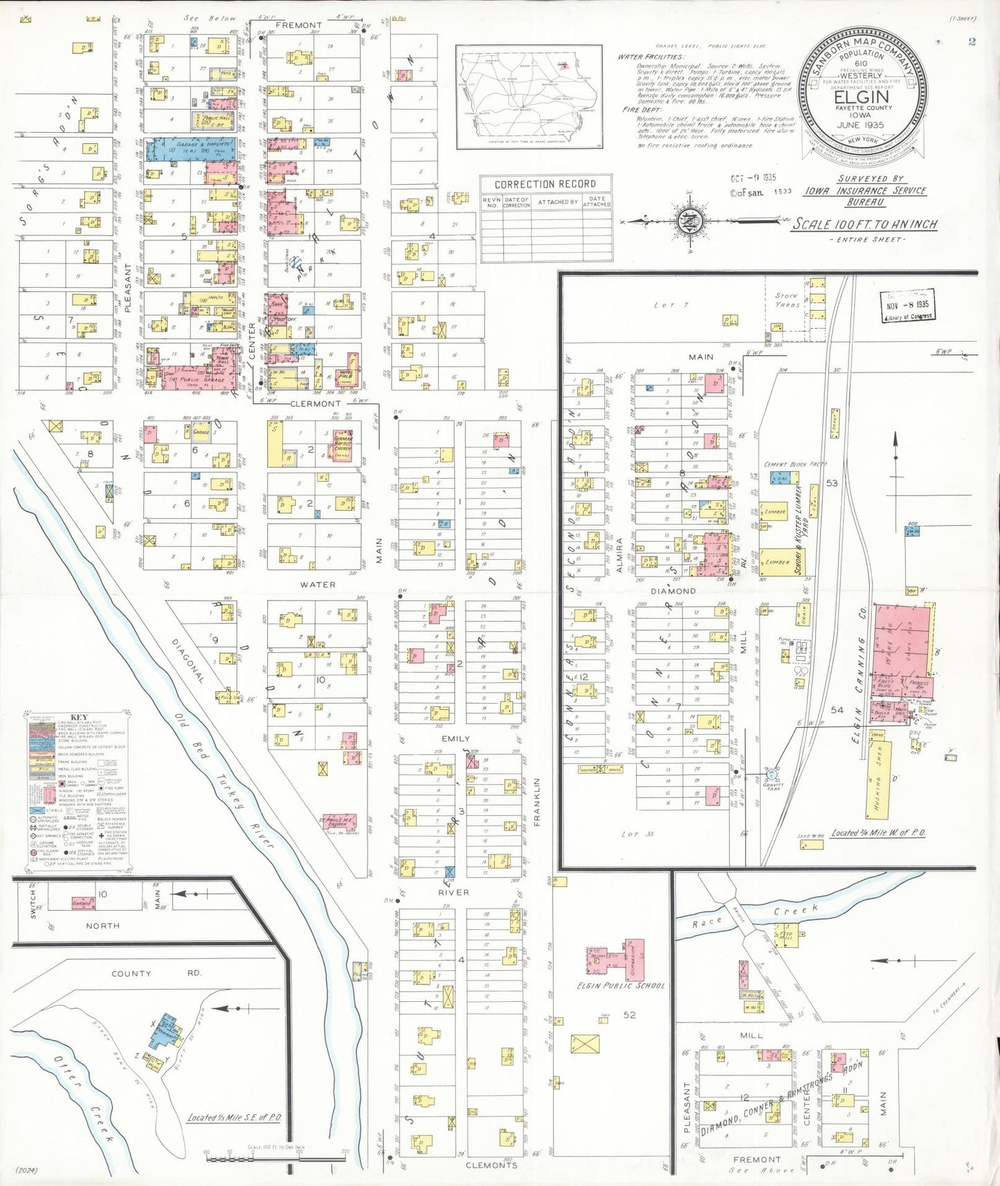 Sanborn Fire Insurance Map from Elgin, Fayette County, Iowa (1933), Sheet #0001 - Historic Sanborn Fire Insurance Map Print, vintage old map wall art