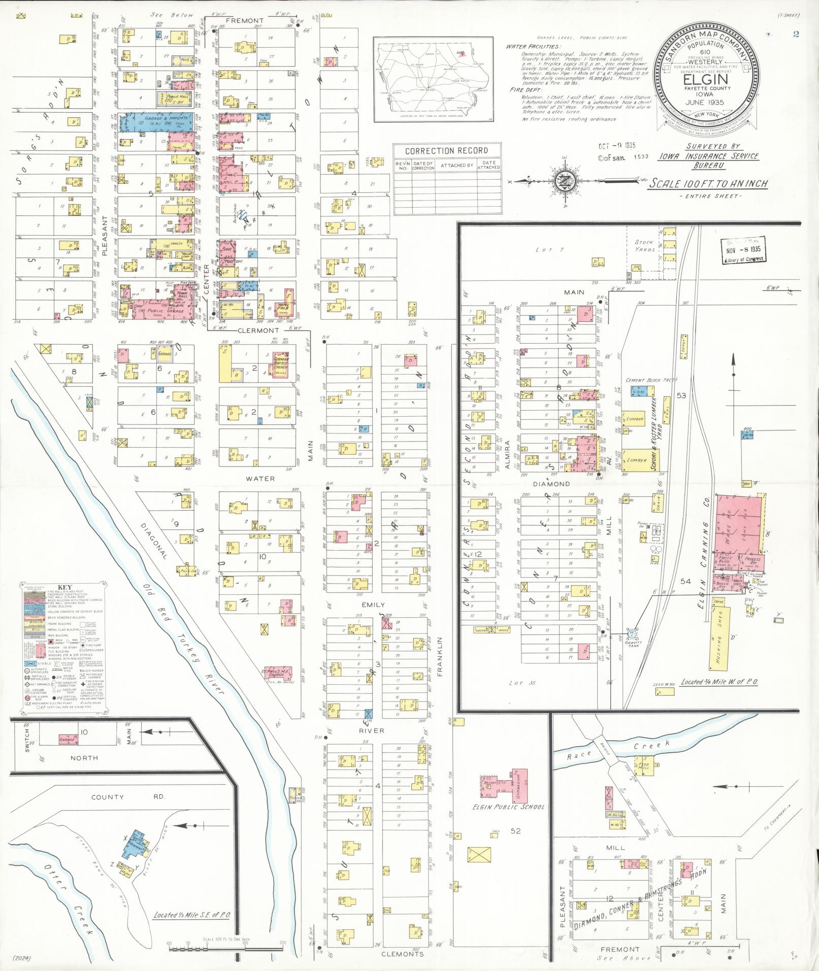 Sanborn Fire Insurance Map from Elgin, Fayette County, Iowa (1933), Sheet #0001 - Historic Sanborn Fire Insurance Map Print, vintage old map wall art