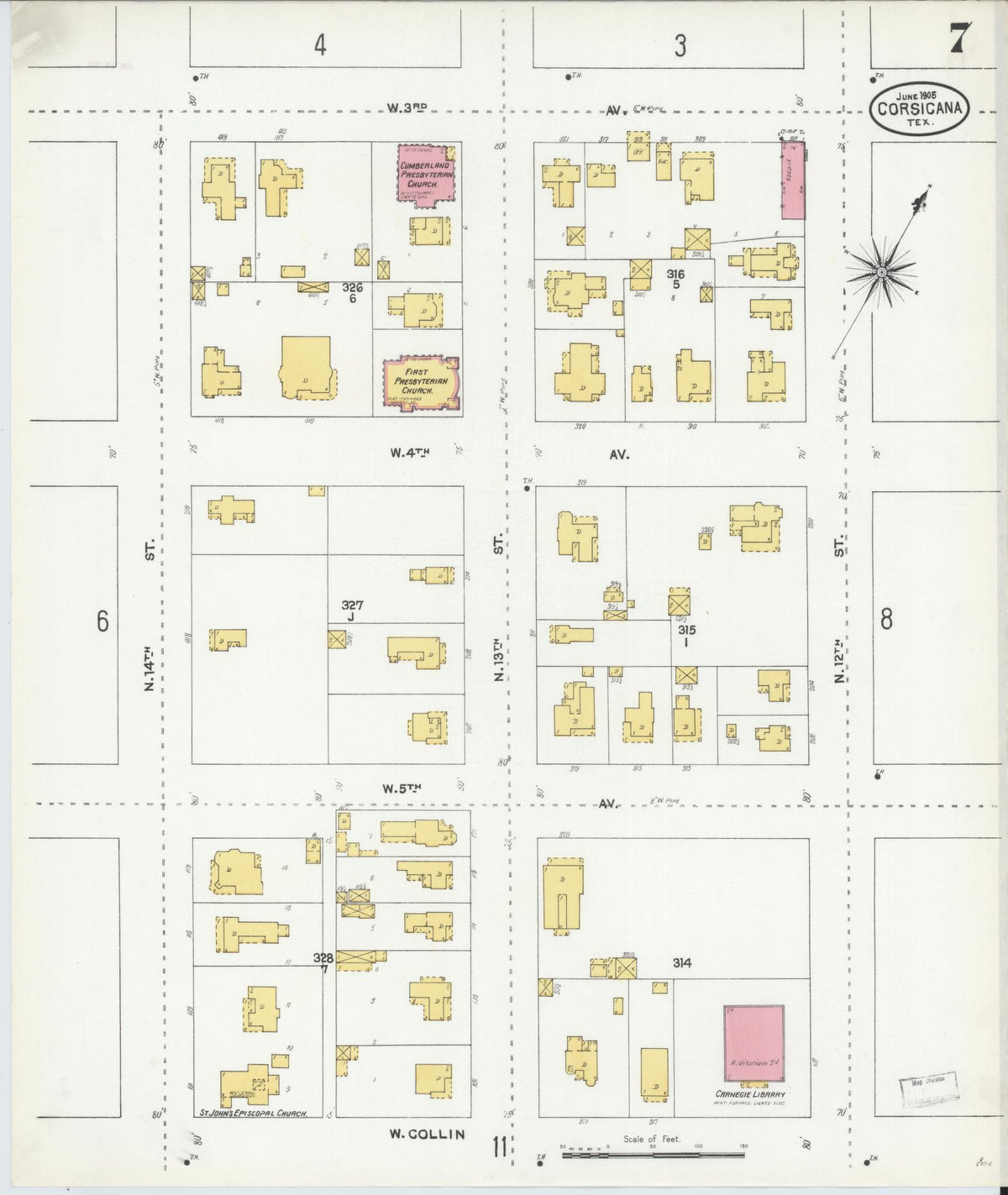 Sanborn Fire Insurance Map from Corsicana, Navarro County, Texas (1905), Sheet #0007 - Complete Map Set gallery image, historic Sanborn map, vintage wall art, Texas Texas