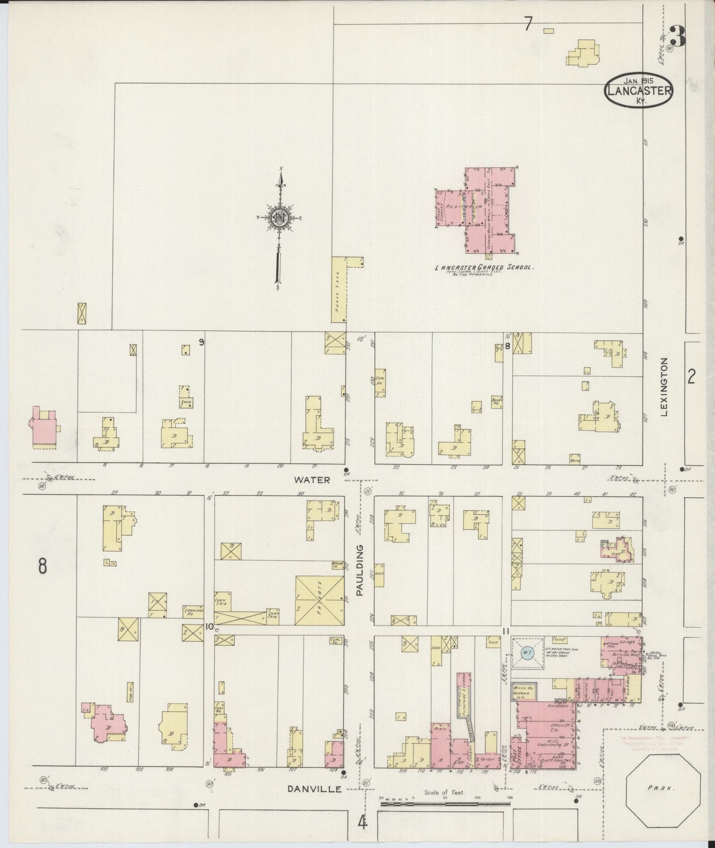 Sanborn Fire Insurance Map from Lancaster, Garrard County, Kentucky (1915), Sheet #0003 - Historic Sanborn Fire Insurance Map Print, vintage old map wall art, antique decor, genealogy gift, Kentucky Kentucky map