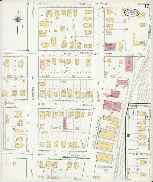 Sanborn Fire Insurance Map from Chanute, Neosho County, Kansas (1916), Sheet #0017 - Historic Sanborn Fire Insurance Map Print, vintage old map wall art, antique decor, genealogy gift, Kansas Kansas map