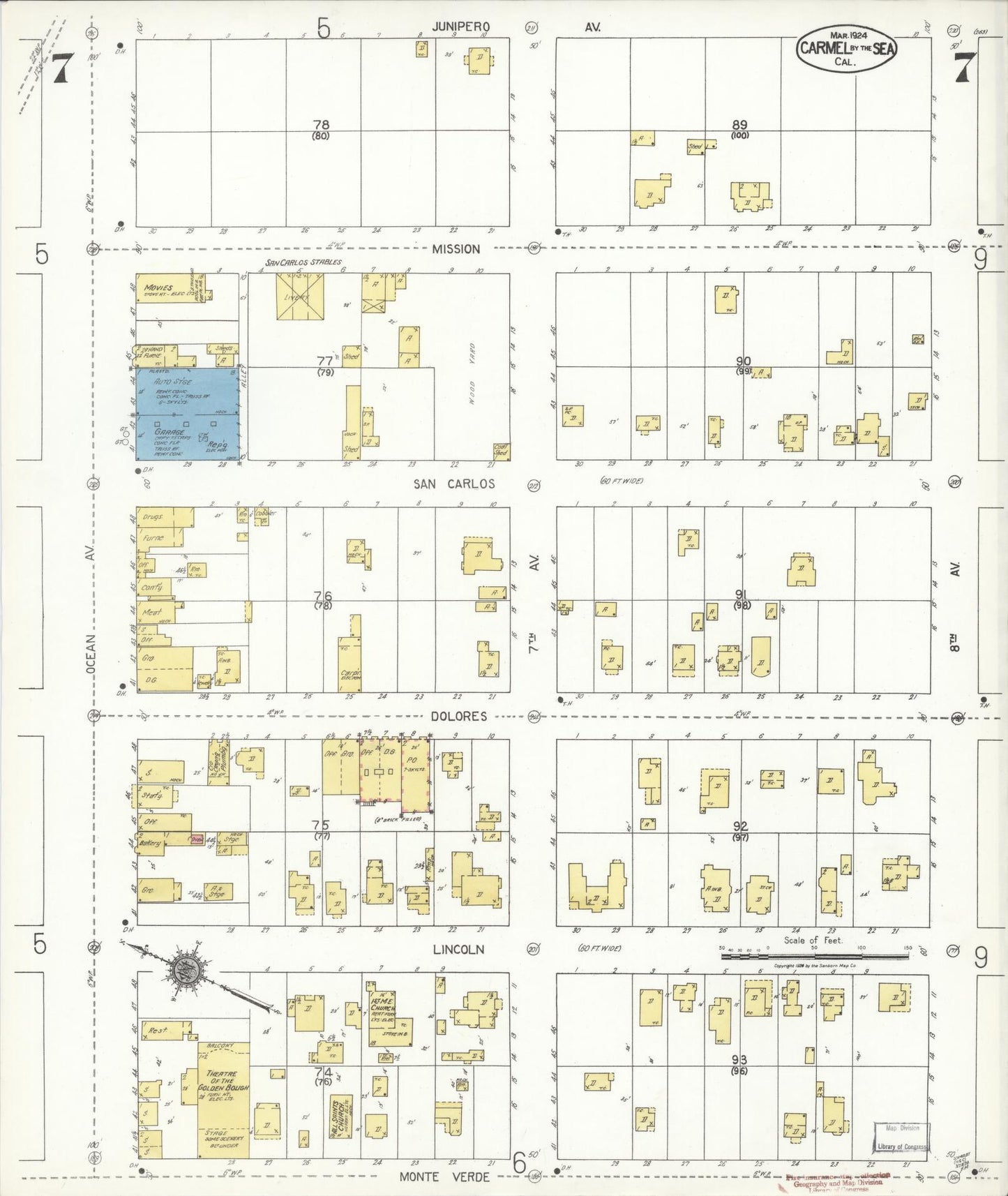 Sanborn Fire Insurance Map from Carmel By The Sea, Monterey County, California (1924), Sheet #0007 - Historic Sanborn Fire Insurance Map Print, vintage old map wall art, antique decor, genealogy gift, California California map