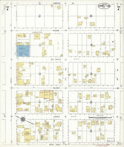 Sanborn Fire Insurance Map from Carmel By The Sea, Monterey County, California (1924), Sheet #0007 - Historic Sanborn Fire Insurance Map Print, vintage old map wall art, antique decor, genealogy gift, California California map
