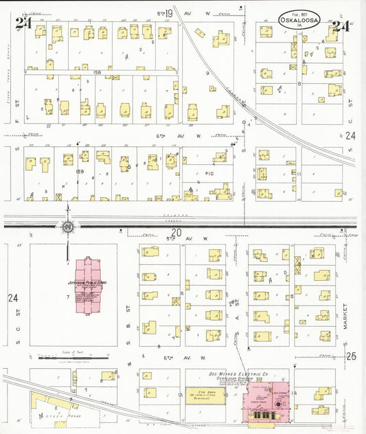Sanborn Fire Insurance Map from Oskaloosa, Mahaska County, Iowa (1927), Sheet #0024 - Historic Sanborn Fire Insurance Map Print, vintage old map wall art