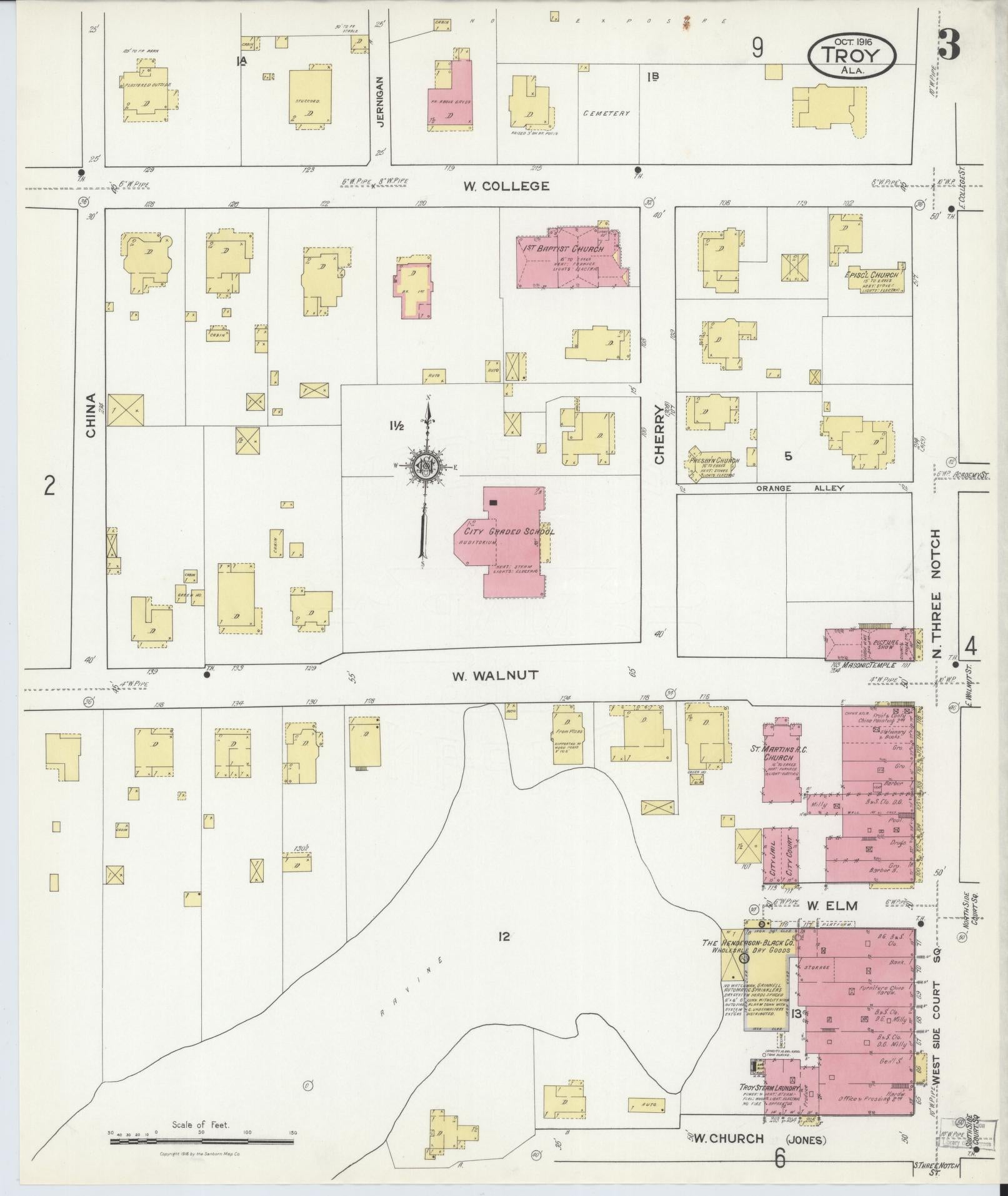 Sanborn Fire Insurance Map from Troy, Pike County, Alabama (1916), Sheet #0003 - Historic Sanborn Fire Insurance Map Print, vintage old map wall art, antique decor, genealogy gift, Alabama Alabama map