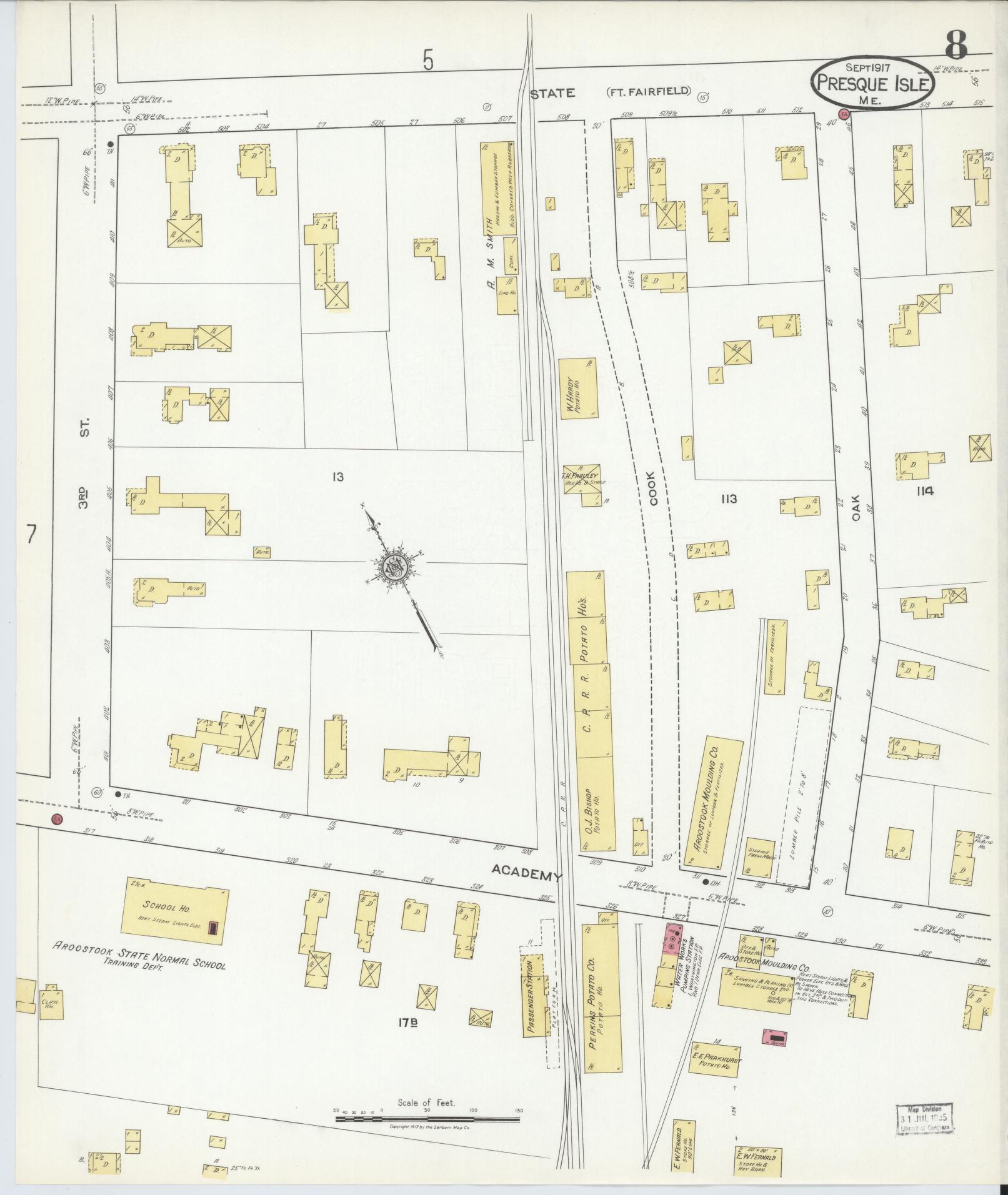 Sanborn Fire Insurance Map from Presque Isle, Aroostook County, Maine (1917), Sheet #0008 - Historic Sanborn Fire Insurance Map Print, vintage old map wall art, antique decor, genealogy gift, Maine Maine map
