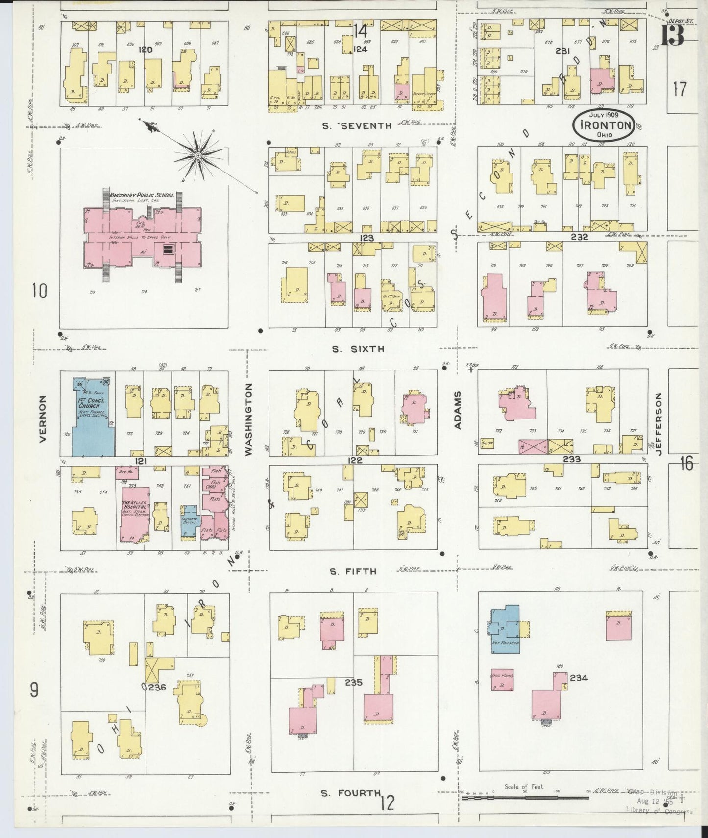 Sanborn Fire Insurance Map from Ironton, Lawrence County, Ohio (1909), Sheet #0013 - Historic Sanborn Fire Insurance Map Print, vintage old map wall art, antique decor, genealogy gift, Ohio Ohio map