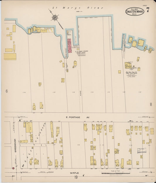 Sanborn Fire Insurance Map from Sault Sainte Marie, Chippewa County, Michigan (1922), Sheet #0007 - Historic Sanborn Fire Insurance Map Print, vintage old map wall art, antique decor, genealogy gift, Michigan Michigan map