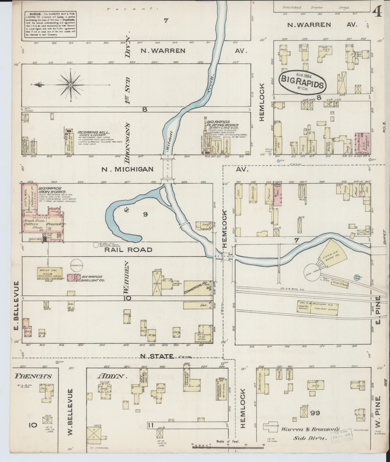 Sanborn Fire Insurance Map from Big Rapids, Mecosta County, Michigan (1884), Sheet #0004 - Historic Sanborn Fire Insurance Map Print, vintage old map wall art, antique decor, genealogy gift, Michigan Michigan map