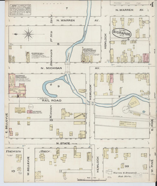 Sanborn Fire Insurance Map from Big Rapids, Mecosta County, Michigan (1884), Sheet #0004 - Historic Sanborn Fire Insurance Map Print, vintage old map wall art, antique decor, genealogy gift, Michigan Michigan map