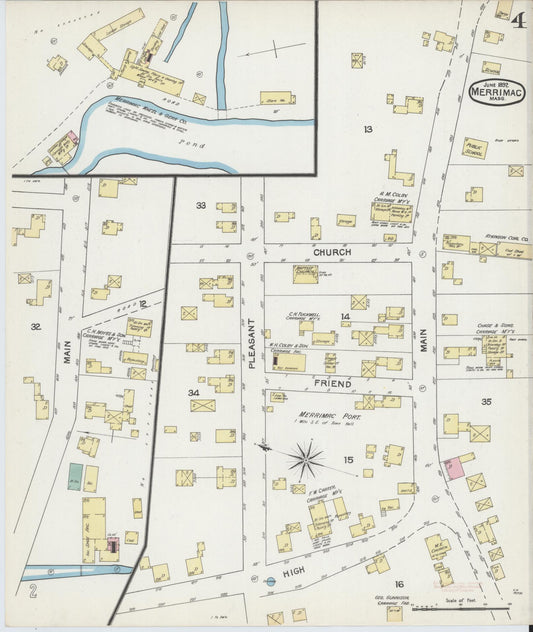 Sanborn Fire Insurance Map from Merrimac, Essex County, Massachusetts (1892), Sheet #0004 - Historic Sanborn Fire Insurance Map Print, vintage old map wall art, antique decor, genealogy gift, Massachusetts Massachusetts map