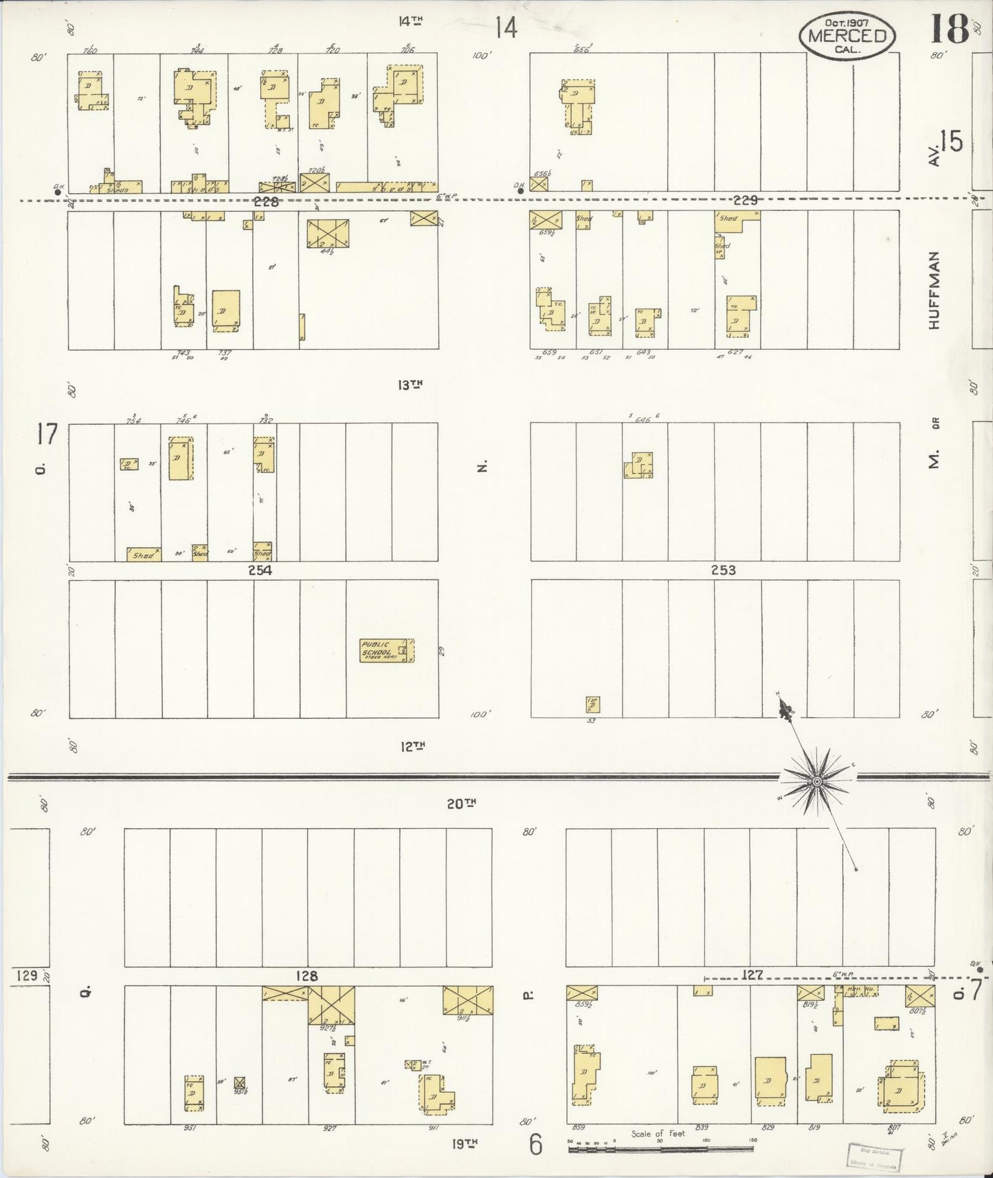 Sanborn Fire Insurance Map from Merced, Merced County, California (1907), Sheet #0018 - Complete Map Set gallery image, historic Sanborn map, vintage wall art, California California
