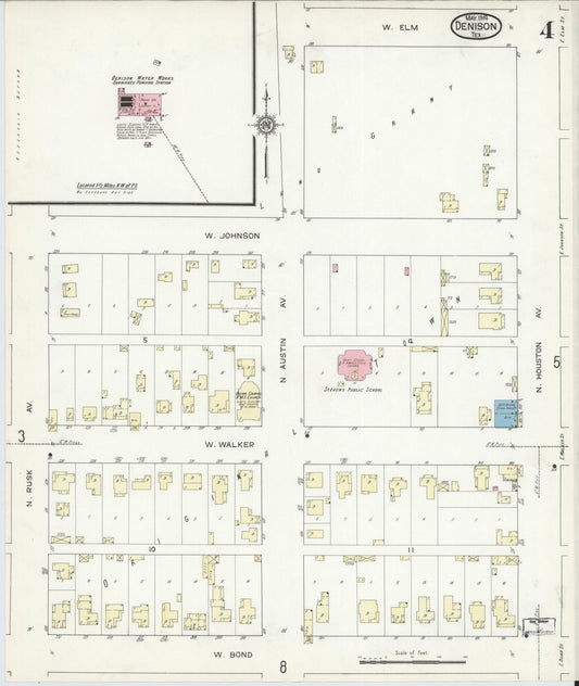 Sanborn Fire Insurance Map from Denison, Grayson County, Texas (1914), Sheet #0004 - Historic Sanborn Fire Insurance Map Print, vintage old map wall art, antique decor, genealogy gift, Texas Texas map