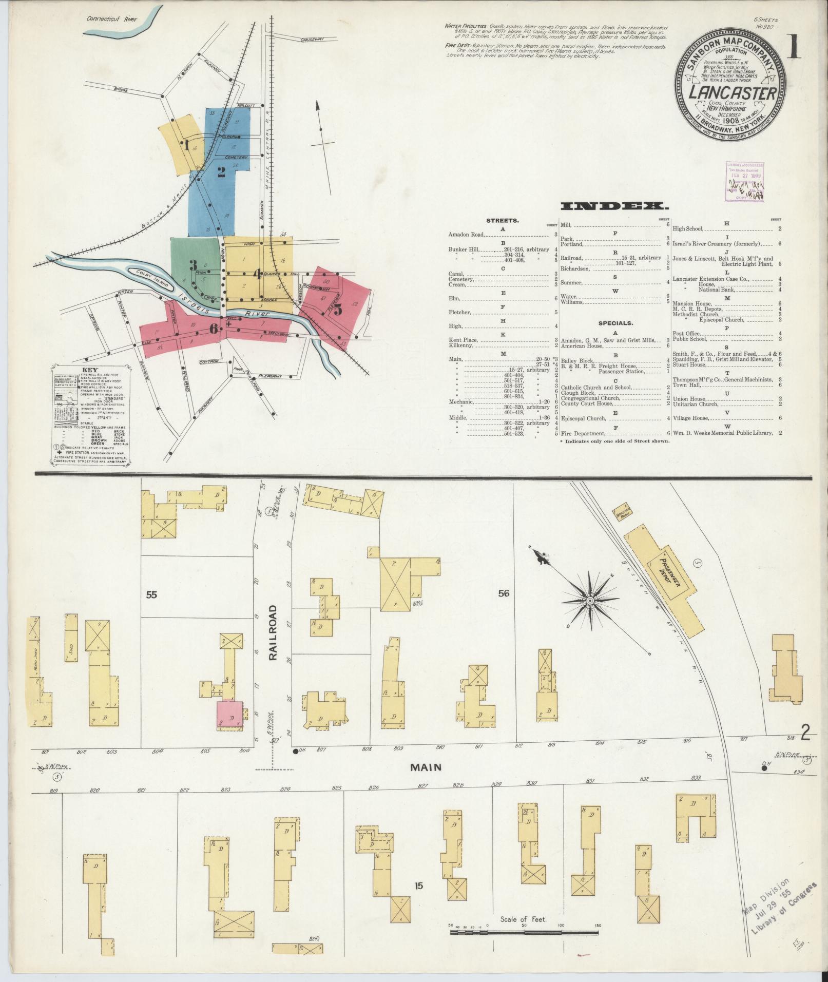 Sanborn Fire Insurance Map from Lancaster, Coos County, New Hampshire (1908), Sheet #0001 - Complete Map Set gallery image, historic Sanborn map, vintage wall art, New Hampshire New Hampshire
