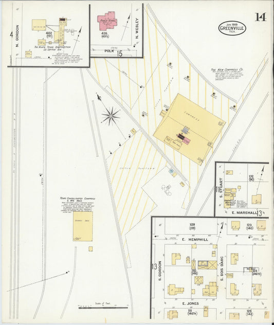Sanborn Fire Insurance Map from Greenville, Hunt County, Texas (1909), Sheet #0014 - Historic Sanborn Fire Insurance Map Print, vintage old map wall art, antique decor, genealogy gift, Texas Texas map