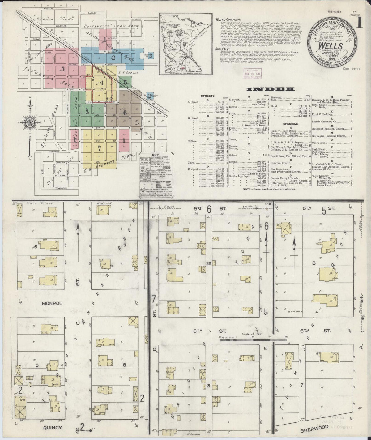 Sanborn Fire Insurance Map from Wells, Faribault County, Minnesota (1914), Sheet #0001 - Historic Sanborn Fire Insurance Map Print, vintage old map wall art, antique decor, genealogy gift, Minnesota Minnesota map