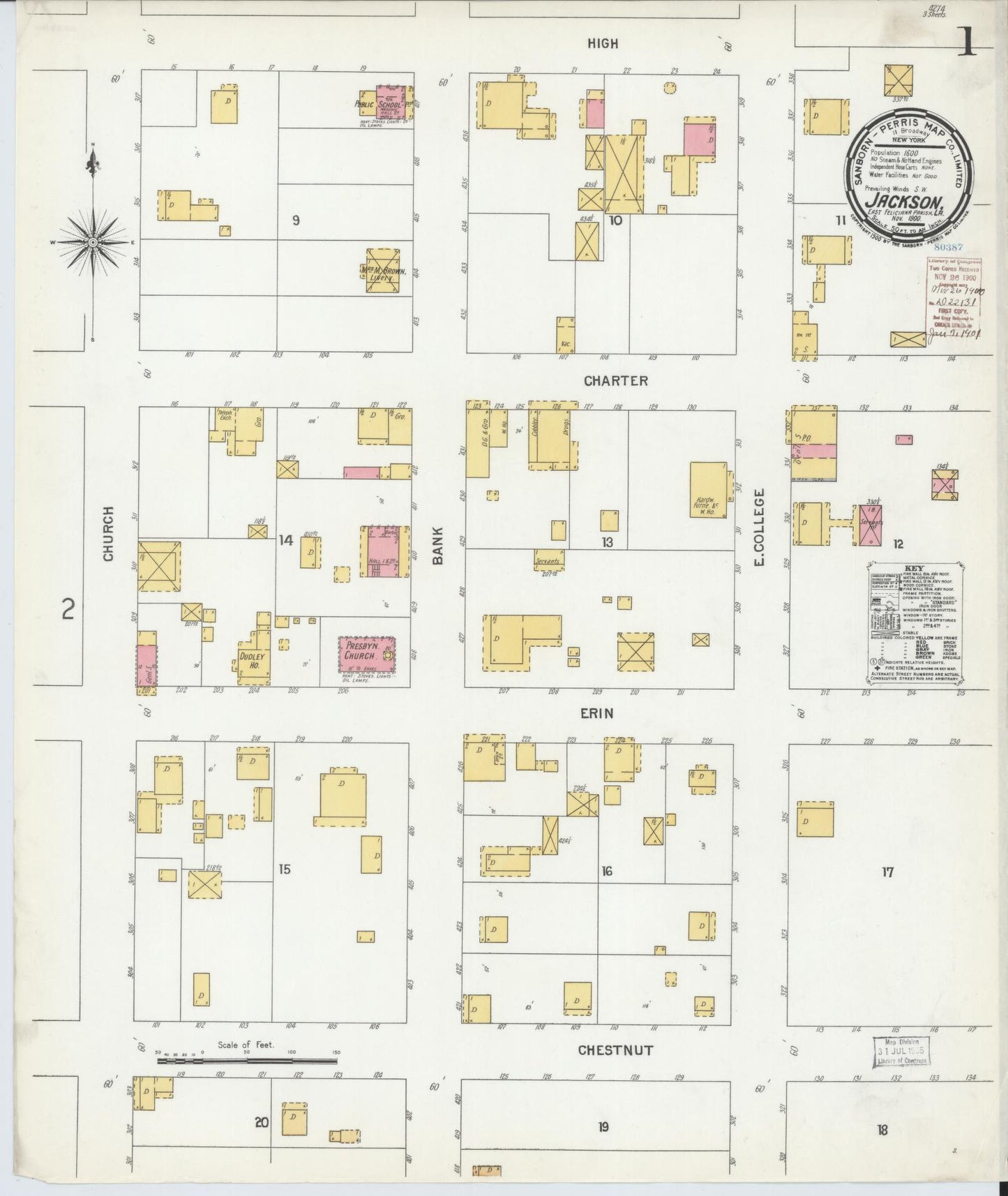 Sanborn Fire Insurance Map from Jackson, East Feliciana Parish, Louisiana (1900), Sheet #0001 - Complete Map Set gallery image, historic Sanborn map, vintage wall art, Louisiana Louisiana