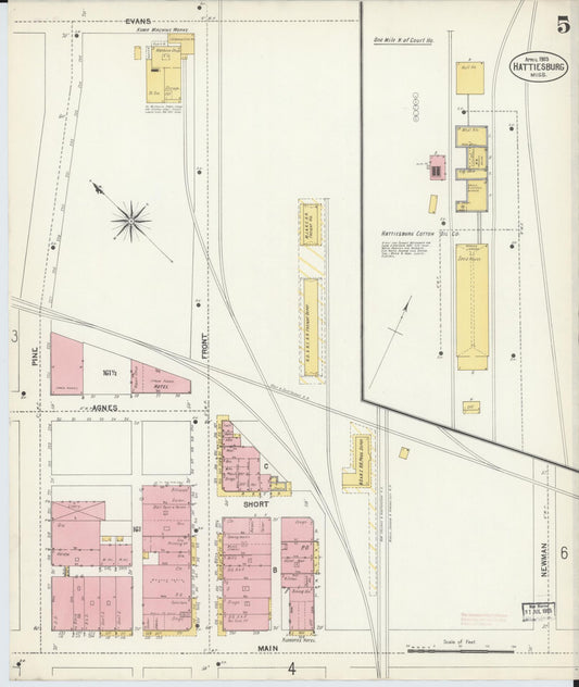 Sanborn Fire Insurance Map from Hattiesburg, Forrest County, Mississippi (1903), Sheet #0005 - Historic Sanborn Fire Insurance Map Print, vintage old map wall art, antique decor, genealogy gift, Mississippi Mississippi map