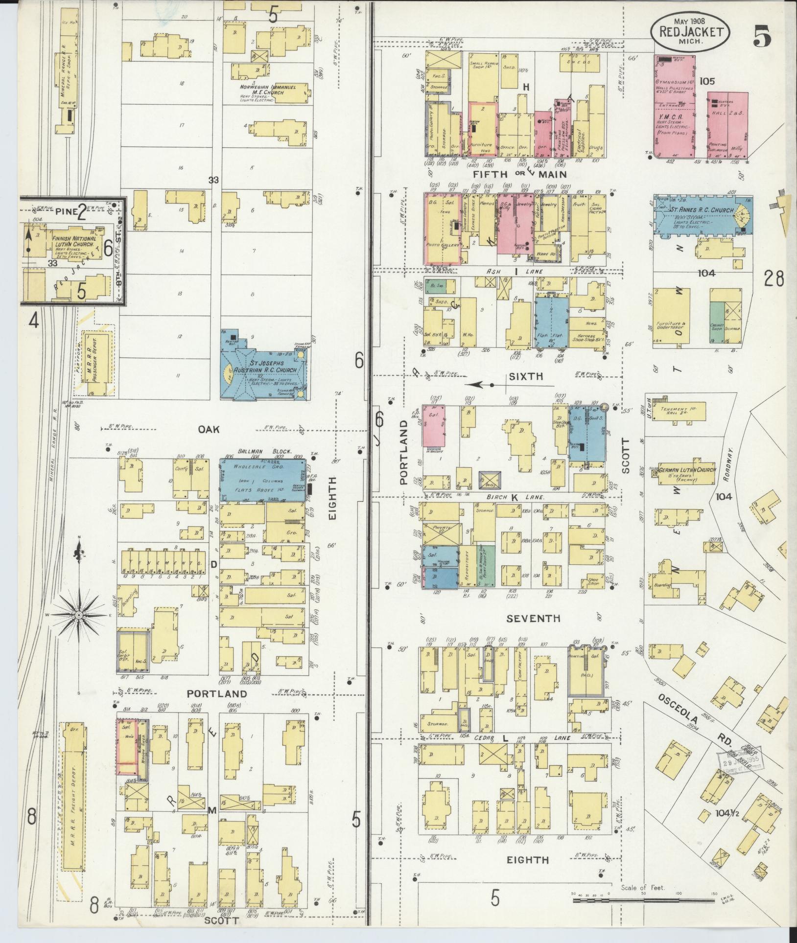 Sanborn Fire Insurance Map from Red Jacket, Houghton County, Michigan (1908), Sheet #0005 - Complete Map Set gallery image, historic Sanborn map, vintage wall art, Michigan Michigan