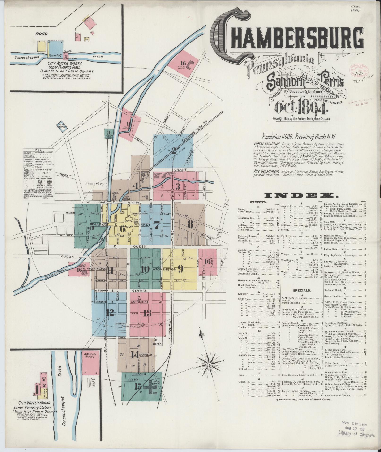 Sanborn Fire Insurance Map from Chambersburg, Franklin County, Pennsylvania (1894), Sheet #0001 - Historic Sanborn Fire Insurance Map Print, vintage old map wall art, antique decor, genealogy gift, Pennsylvania Pennsylvania map