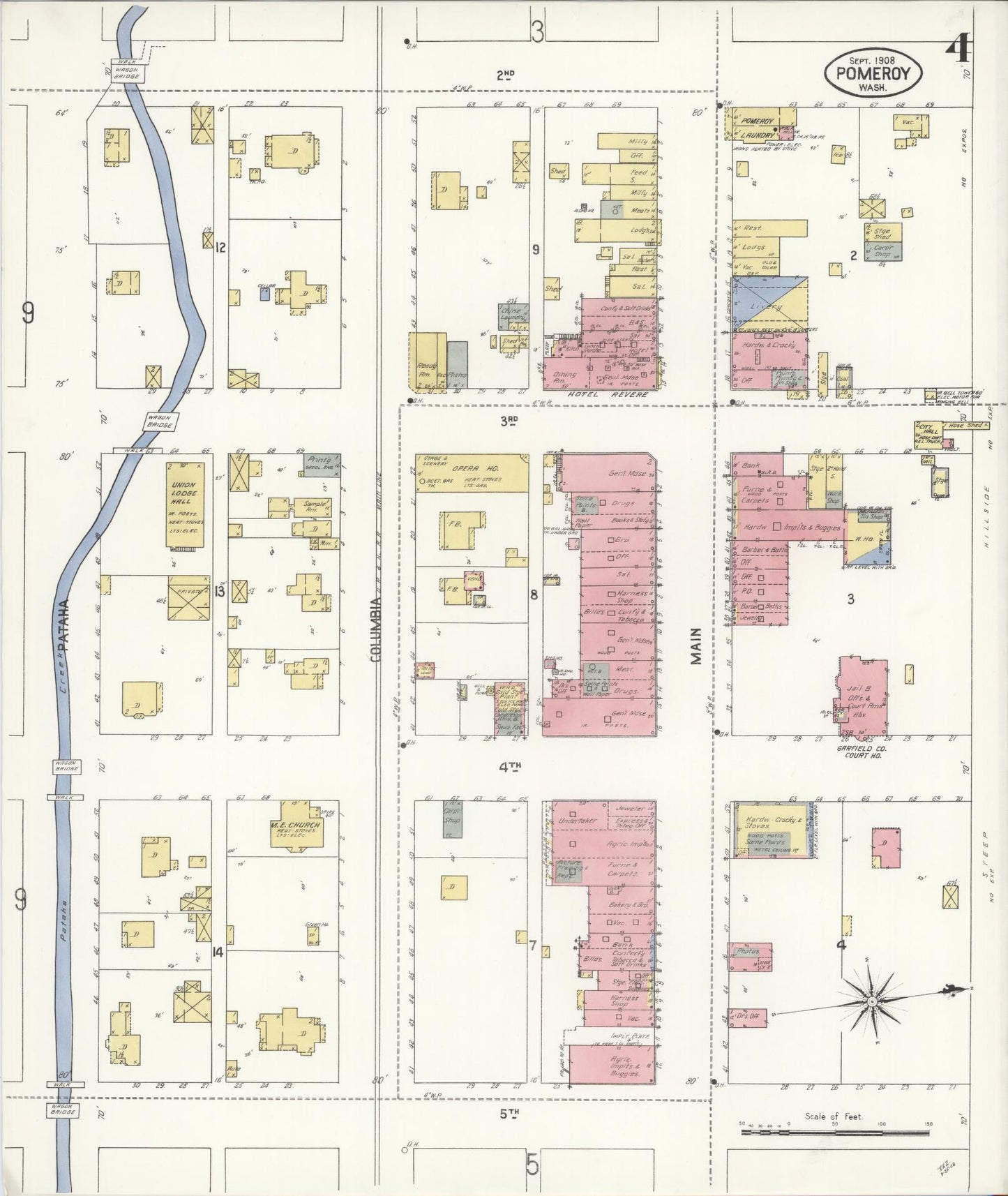 Sanborn Fire Insurance Map from Pomeroy, Garfield County, Washington (1908), Sheet #0004 - Historic Sanborn Fire Insurance Map Print, vintage old map wall art, antique decor, genealogy gift, Washington Washington map