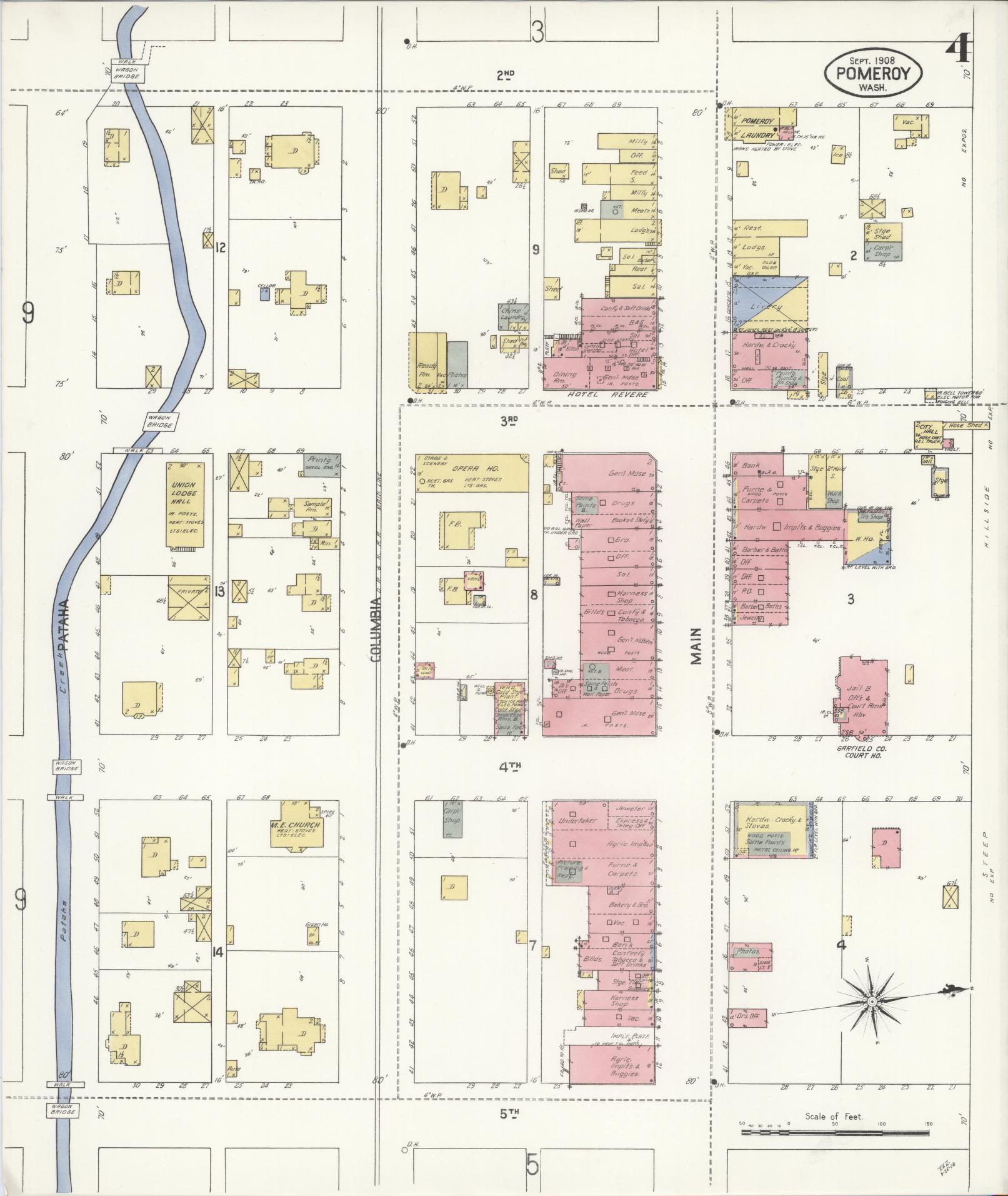 Sanborn Fire Insurance Map from Pomeroy, Garfield County, Washington (1908), Sheet #0004 - Historic Sanborn Fire Insurance Map Print, vintage old map wall art, antique decor, genealogy gift, Washington Washington map