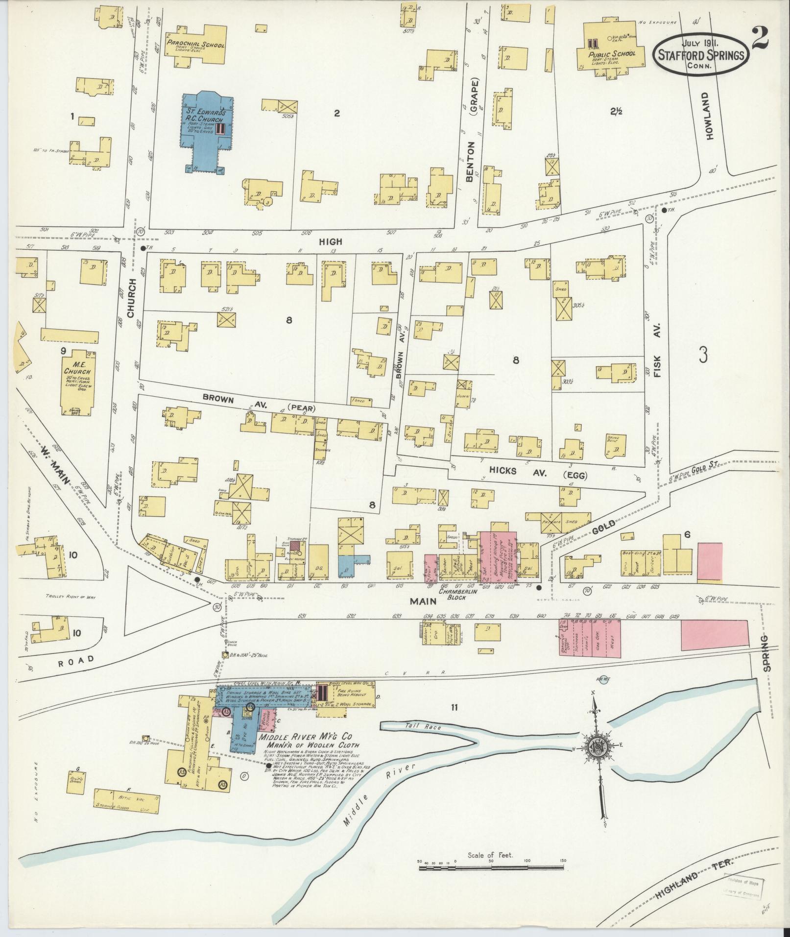 Sanborn Fire Insurance Map from Stafford Springs, Tolland County, Connecticut (1911), Sheet #0002 - Complete Map Set gallery image, historic Sanborn map, vintage wall art, Connecticut Connecticut