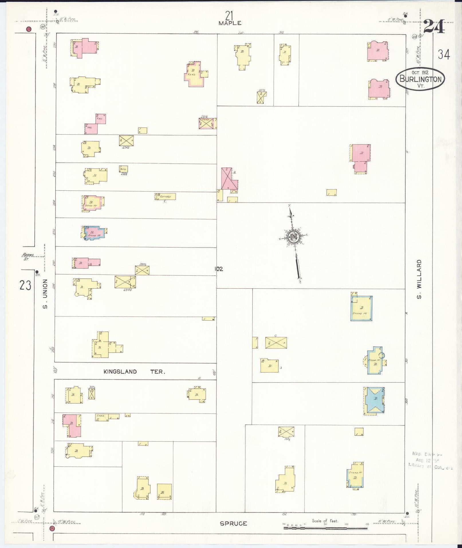 Sanborn Fire Insurance Map from Burlington, Chittenden County, Vermont (1912), Sheet #0024 - Historic Sanborn Fire Insurance Map Print, vintage old map wall art, antique decor, genealogy gift, Vermont Vermont map