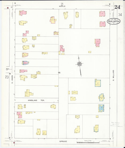 Sanborn Fire Insurance Map from Burlington, Chittenden County, Vermont (1912), Sheet #0024 - Historic Sanborn Fire Insurance Map Print, vintage old map wall art, antique decor, genealogy gift, Vermont Vermont map